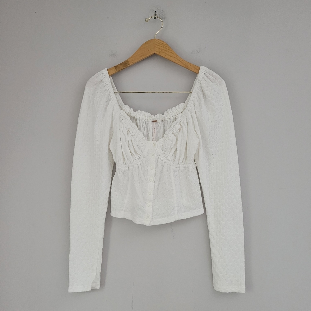 Free People White Long Sleeve Button Front Blouse